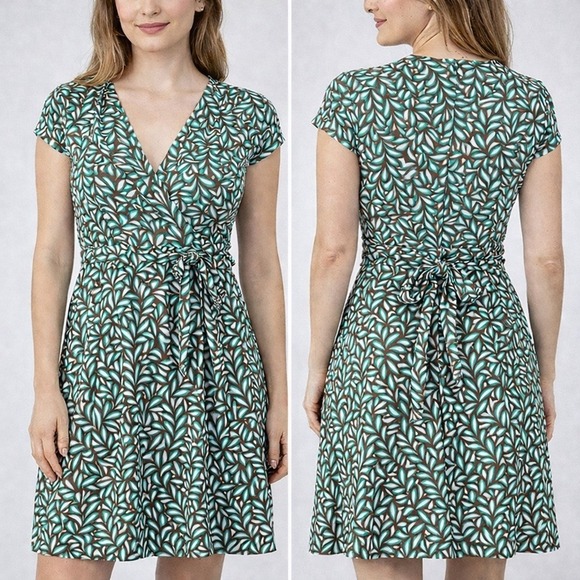 Diane Von Furstenberg Dresses & Skirts - Diane von Furstenberg Silk Wrap Dress Leaf Print Teal Brown Short Sleeve Size 2